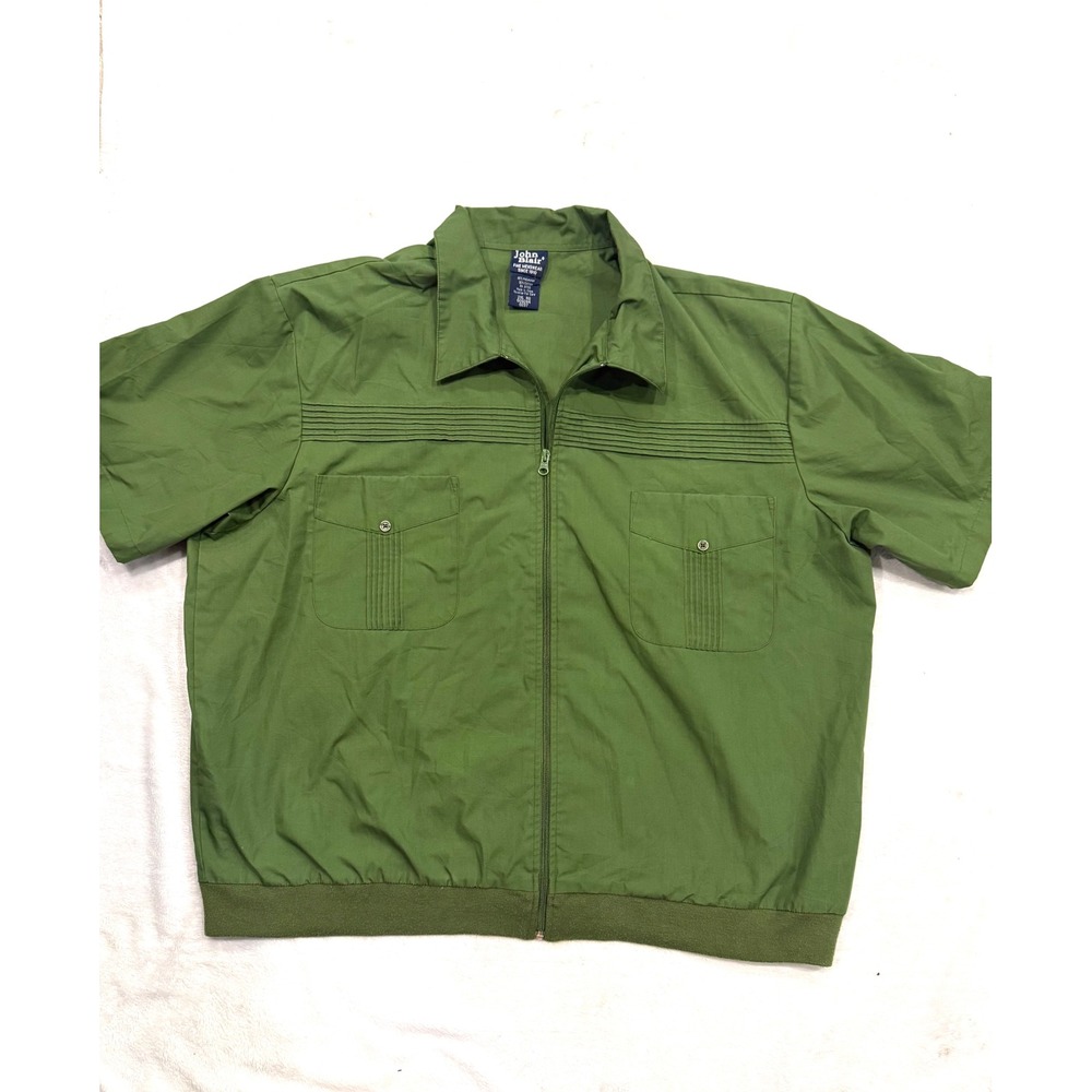 John Blair Olive Green Short Sleeve Zip Up Jacket Pintuck Pockets 2XL RG